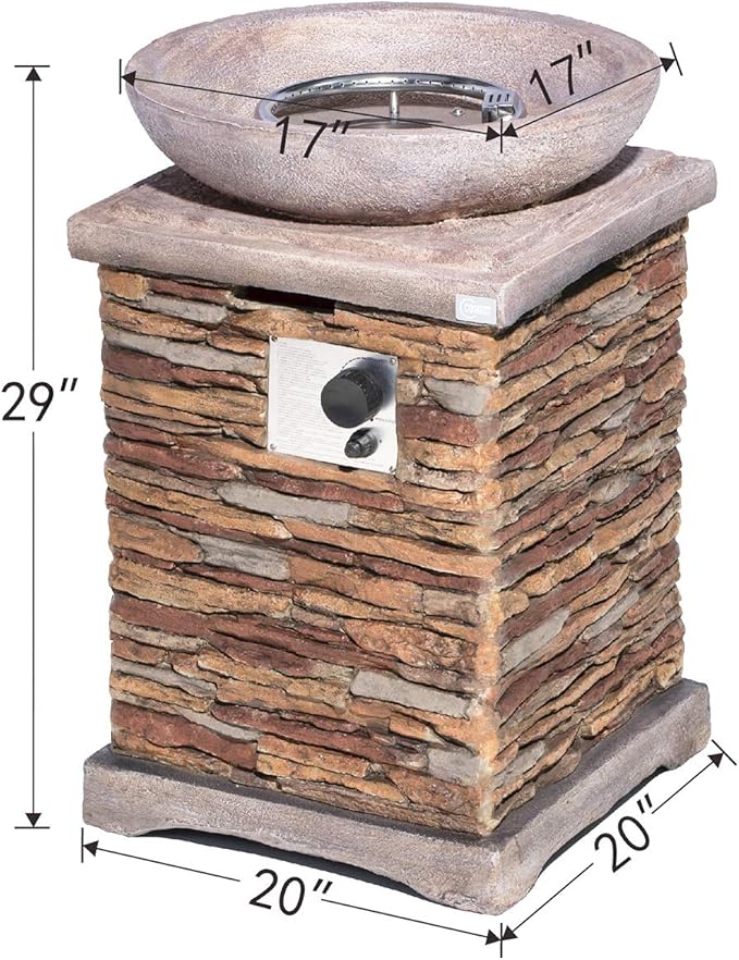 COSIEST Outdoor Propane Fire Pit Table w Faux Brown Compact Ledge Stone 20" Square Base and Faux Rose-Marble Round Bowl, CSA Certified, 40,000 BTU, Free Lava Rocks, Fits 20lb Tank Inside, Raincover