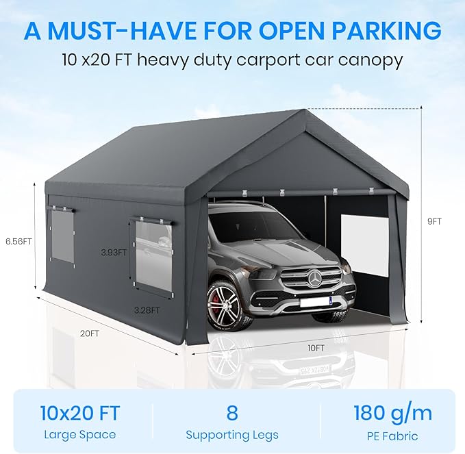 Carport 10x20 Heavy Duty Portable Garage,Carport Canopy with Roll-Up Windows & Doors,Portable Garages and Shelters with Removable Sidewalls,Car Tent Garage with All-Season Tarp for Truck Tractor Bike