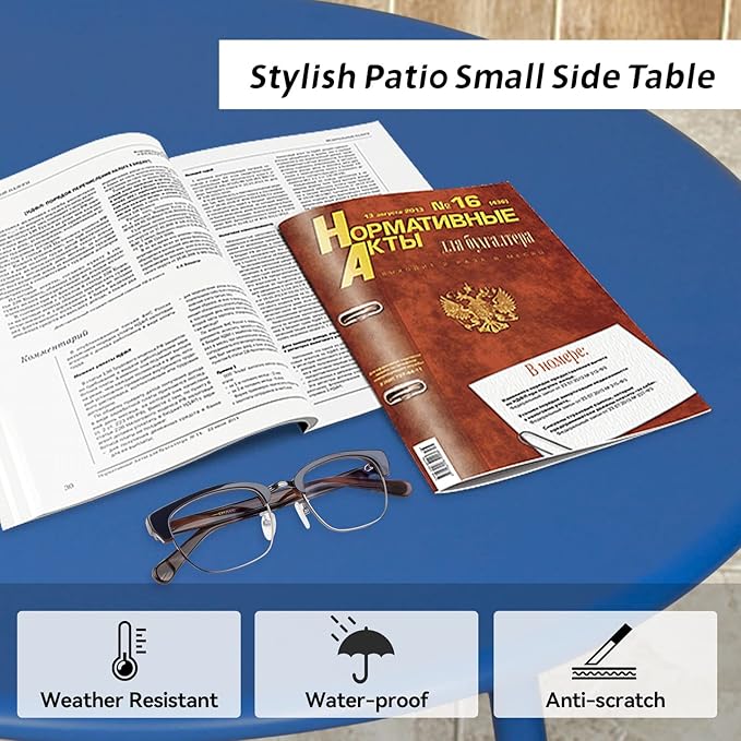 Babion Blue Outdoor Side Tables, Small Outdoor Table, Round Patio Side Table Steel, Small Accent End Table for Patio Yard Garden, Indoor & Outdoor