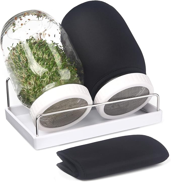 Complete Sprouting Jar Kit| 2 Wide Mouth Mason Jars, 316 Screen Sprout Lids, Blackout Sleeves, Tray, Stand| Sprouter Set for Growing Broccoli, Alfalfa and More-Seeds not Included