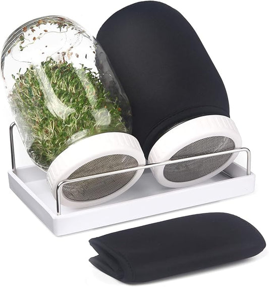 Complete Sprouting Jar Kit| 2 Wide Mouth Mason Jars, 316 Screen Sprout Lids, Blackout Sleeves, Tray, Stand| Sprouter Set for Growing Broccoli, Alfalfa and More-Seeds not Included