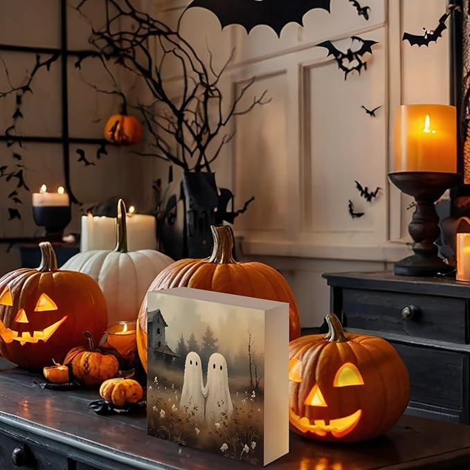 Mtrgdn Cute Halloween Decor,Halloween Decorations Indoor,Spooky Ghost Desk Decor Wooden Box Sign,Halloween Home Office Kitchen Bathroom Bedroom Coffee Bar Table Shelf Wall Decorations,5x5 Inch