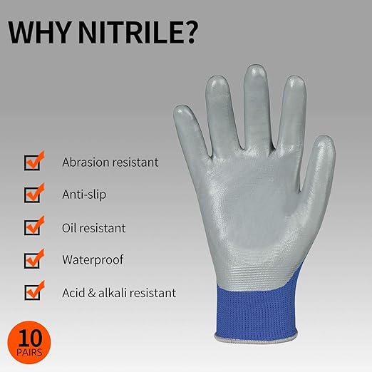 Vgo... 10-Pairs Safety Work Gloves, Gardening Gloves, Non-slip Nitrile coating, Dipping Gloves (Size XL, Blue, NT2110)