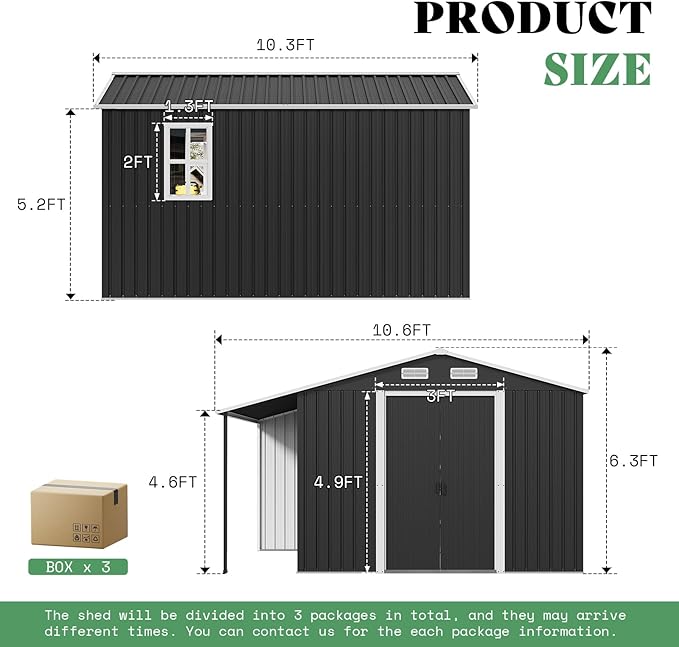 Jocisland Outdoor Storage Shed 10.6x10.3x6.3 FT, Sliding Door Shed with Two 4-Pane Windows for Wood Storage, Dark Grey/White