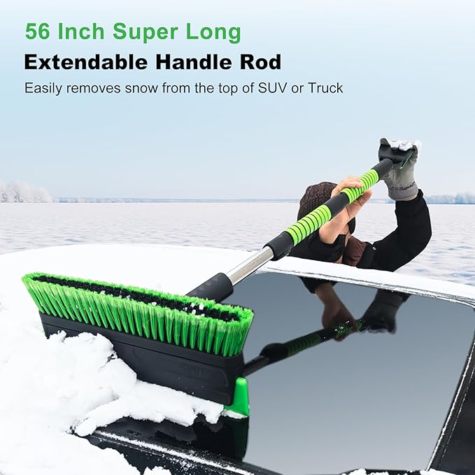 SEAAES 56 Inch Truck Snow Brush Scraper Long Handle, Heavy Duty Extendable Snow Broom for SUV, Windshield Ice Scraper with Foam Grip for Car Automobile Vehicle Window - Green