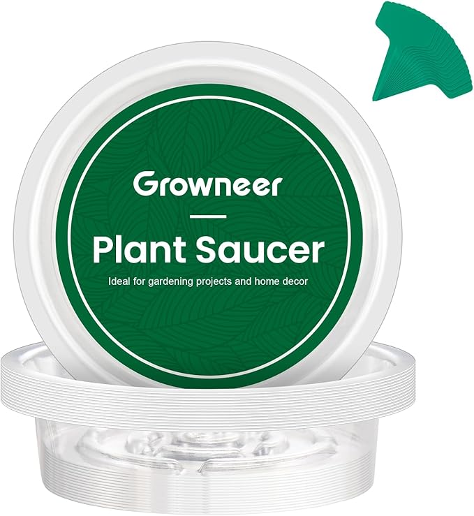 GROWNEER 15 Packs 6 Inches Clear Plant Saucers Flower Pot Trays, with 15 Pcs Plant Labels, Plastic Plant Saucer Drip Trays for Indoor Outdoor Plants Garden
