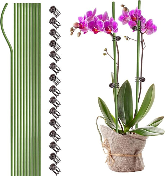 10PCS Garden Metal Plant Stakes with 15PCS Vine Fixing Clip Set, 15.75inch Tall Single Stem Flower Stakes, Bendable Plastic Coated Garden Plant Stakes Holder for Amaryllis Orchid Lily Rose(Green 40cm)
