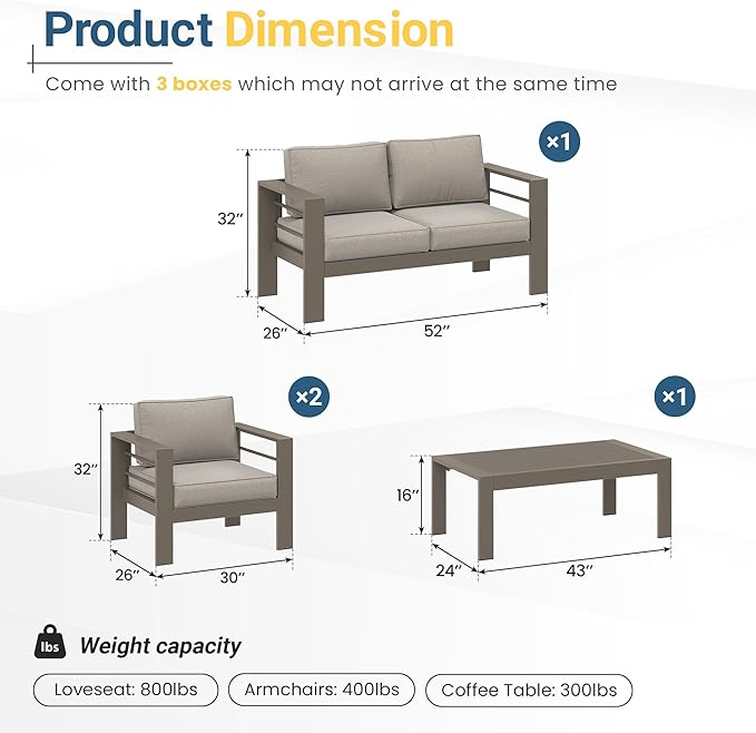 Wisteria Lane 4-Piece Outdoor Patio Furniture Set, Outdoor Sectional Furniture with Upgraded Cushions, Outdoor Conversation Seating Set for Balcony, Garden, Deck, Backyard, Khaki