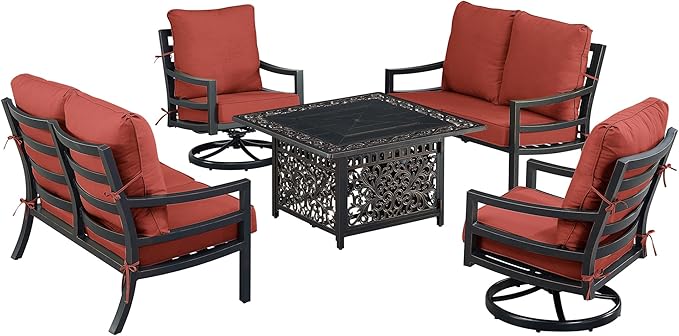 Oakland Living Black Aluminum Patio Fire Table Set with Two Deep Seating Loveseat with Cushions and Two Club Chairs with Red Cushions
