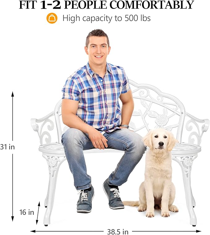 VINGLI 38.5" Patio Park Garden Outdoor Metal Rose Bench,Cast Iron Cast Aluminium Frame Antique Finish Chair,Accented Lawn Front Porch Path Yard Decor Deck Furniture for 2 Person Seat（White