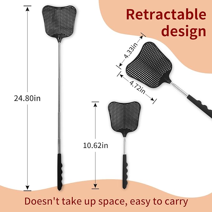 Fly Swatters 3 Pack Black, Durable Telescopic Stainless Steel Handle, Heavy Duty Upgraded Plastic Fly Swatter Set for Indoor Outdoor Home Hiking Camping Garden