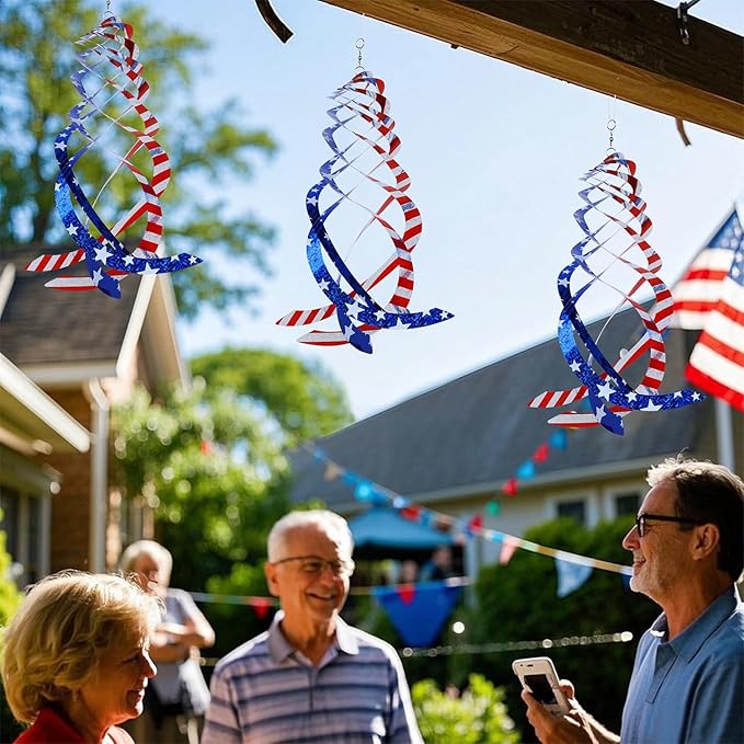 Hausse 6 Pack Patriotic Bird Repellent Spiral Reflectors Mylar Spinner, Hanging American Flags Reflective Bird Deterrent Device for 4th of July Independence Day, Scare Birds Animals Away