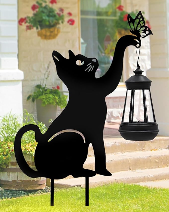 2PC Solar Lights Outdoor Garden Decor - Black Cat Figurine Light Stake with Butterfly Decorative Metal Housewarming Ornament for Yard Pathway Lawn Patio – Unique Gift Ideas for Christmas