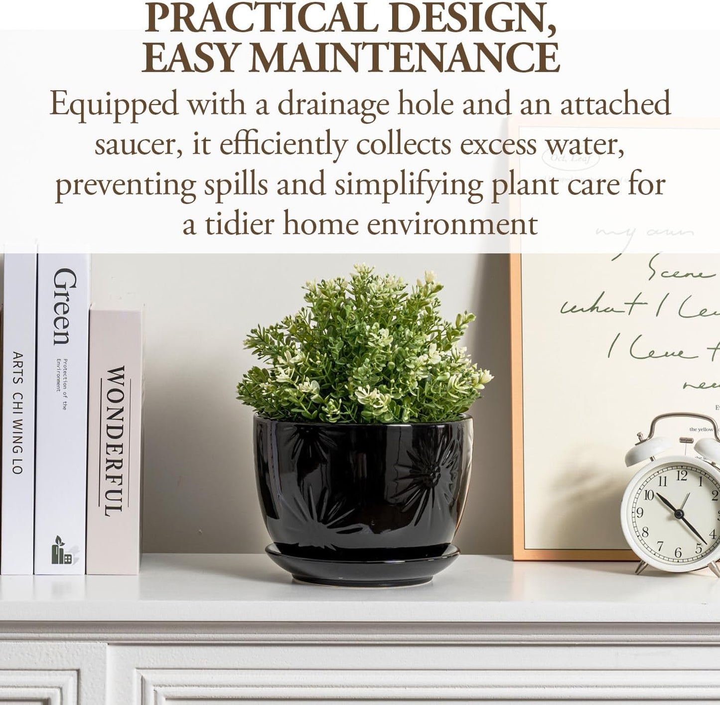 MyGift 7 Inch Glossy Black Ceramic Plant Pot with Drainage Hole and Attached Saucer, Modern Decorative Embossed Sunburst Planter Container for Indoor Home Garden