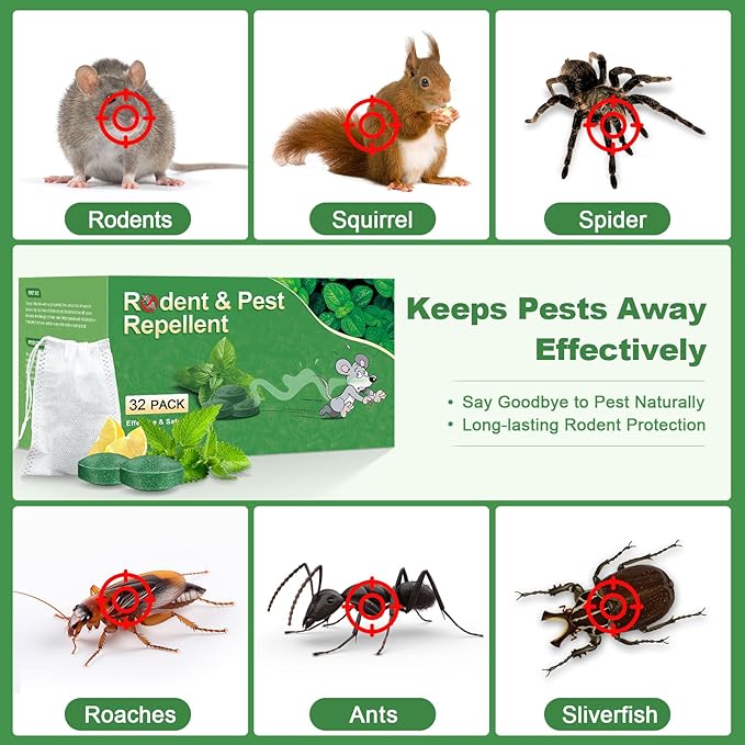 Mouse Rodent Repellent, 32 Pack Peppermint Oil Mice Repellent for Mice, Rats, Spiders, Squirrels and Pests, Indoor & Outdoor Natural Mouse Deterrent, Keep Rodents Away from Garden & Home (Mint)