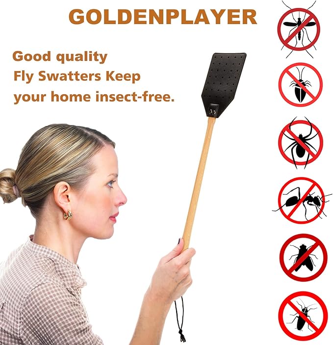 Heavy Duty Leather Fly Swatter, Long Handle Fly Swatter with Beech Wood Handle 19.7" Length, Flyswatter for Indoor and Outdoor (Black)