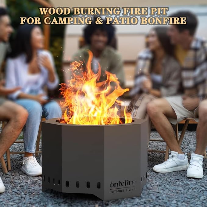 ONLYFIRE OUTDOOR LIVING Fire Pit with Ash Pan, 24" Portable Bonfire Firepit for Camping Tailgating Patio Backyard Party Outside, Smokeless Wood Fire Fireplace, Modern Black FP013