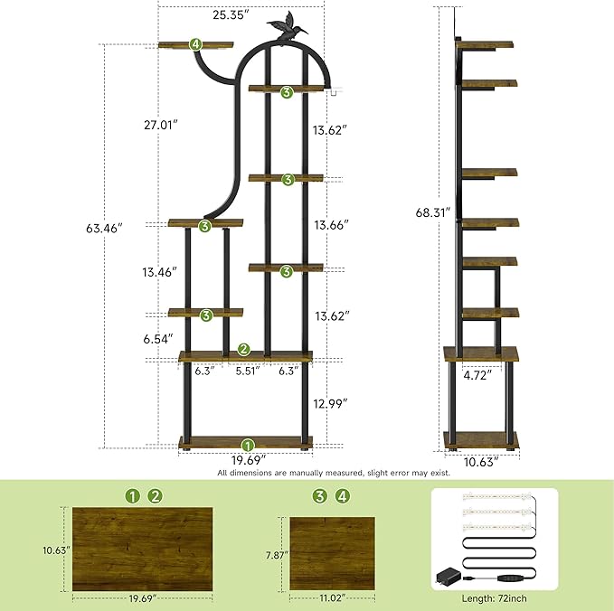 Plant Stand Indoor with Grow Lights, 63" Metal Plant Stand for Indoor Plants, 8 Tiered Tall Plant Shelf with Magnetic Cable Organizers and Decorative Bird, Plant Holder for Patio, Living Room, Home Decor