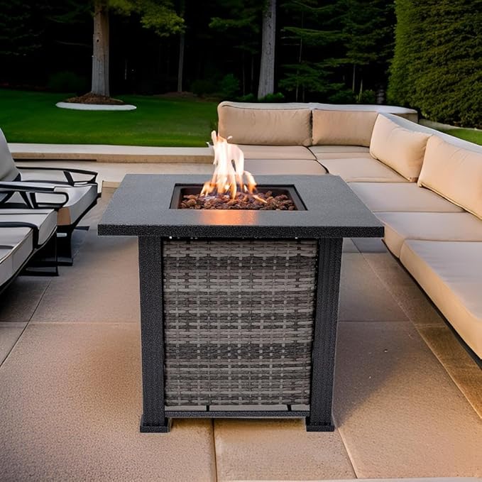 Adana Propane Fire Pit Table 28” Outdoor Firepit 50,000 BTU Firepits for Outside with Lava Rocks and Removable Lid Metal Fire Pit Outdoor Fireplace Propane Fire Pits for Outside CSA Certified
