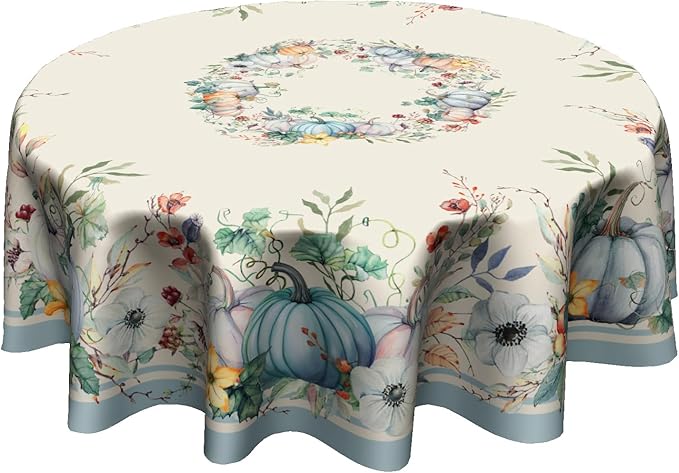 Pumpkin Leaves Round Tablecloth 60 Inch, Fall Autumn Thanksgiving Harvest Table Cloth Washable Table Cover for Dinner Kitchen Holiday Picnic Party Garden Decoration