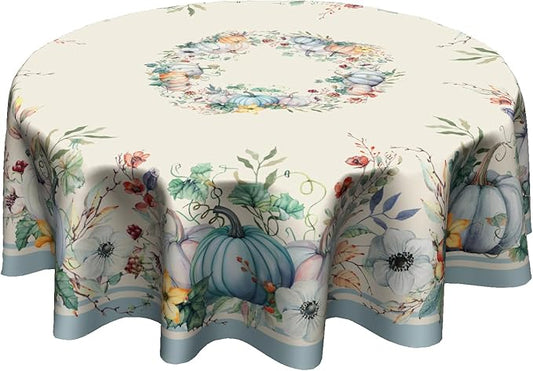 Pumpkin Leaves Round Tablecloth 60 Inch, Fall Autumn Thanksgiving Harvest Table Cloth Washable Table Cover for Dinner Kitchen Holiday Picnic Party Garden Decoration
