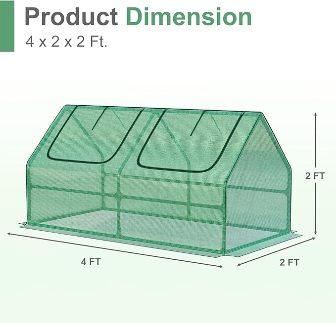 Aoodor 4 x 2 x 2 ft Mini Greenhouse with 2 Zipper Doors, Water Resistant, UV Protected for Flowers, Vegetables and Herbs, Green