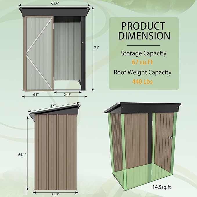 GUNJI 5 x 3 FT Shed Outdoor Storage Shed Metal Garden Shed with Lockable Door Outside Waterproof Tool Shed for Backyard, Patio, Lawn (Brown)