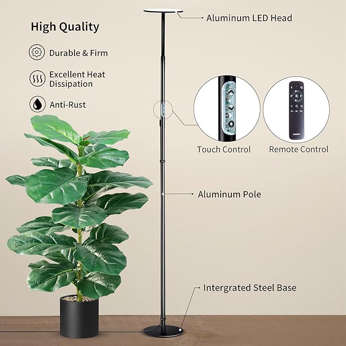chiphy Grow Lamp, 60W Full Spectrum Grow Lights for Indoor Plants, 4/8/12H Timer, 2300K-6500K, 10 Dimmable Brigntness, 76'' Height Adjustable, Remote Control, Ideal for Tall Large Plants
