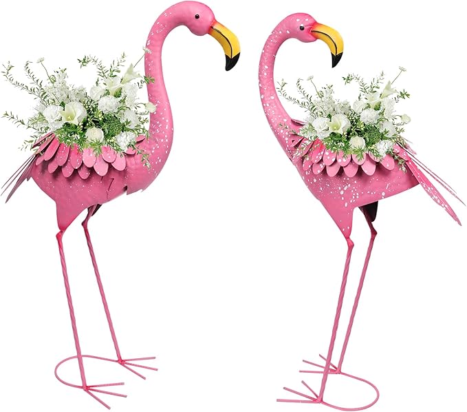 WONDER GARDEN Pink Flamingo Statue-Flamingo Planter Flower Pots - 2 Pack Flamingos Garden Statues Sculptures, Metal Birds Yard Art for Pond, Patio, Outdoor, Porch Decor