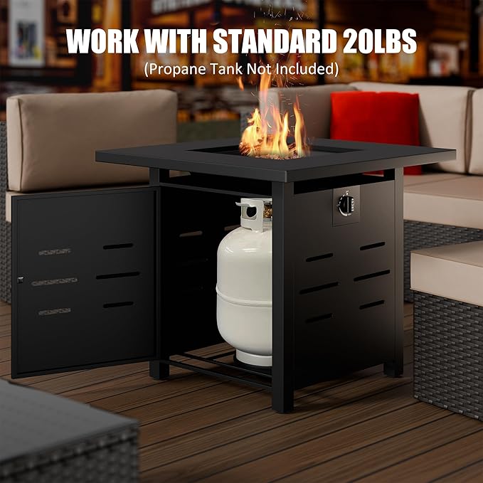 Vongrasig 28 Inch Gas Fire Pit, 50,000 BTU Propane Fire Pits for Outside, Steel Square Fire Table with Lid and Lava Rock, Patio Deck Garden Backyard