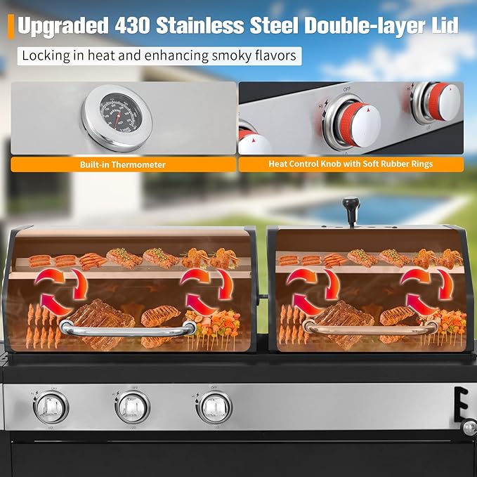 CIG GARDEN 3 Burner Propane Gas and Charcoal Grill Combo with Side Burner,Dual Fuel BBQ Grill with Cast Iron Griddle,41,500 BTU Output Perfect for Outdoor Cooking, Balcony, Backyard,Camping