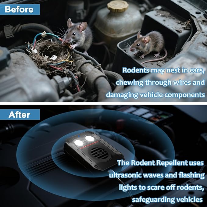 Ultrasonic Rodent Repellent with Strobe Light and Ultrasonic Wave, Effective Mouse Deterrent for Vehicle, Car, Basement, Attic, House and Garden, Keep Mice Away