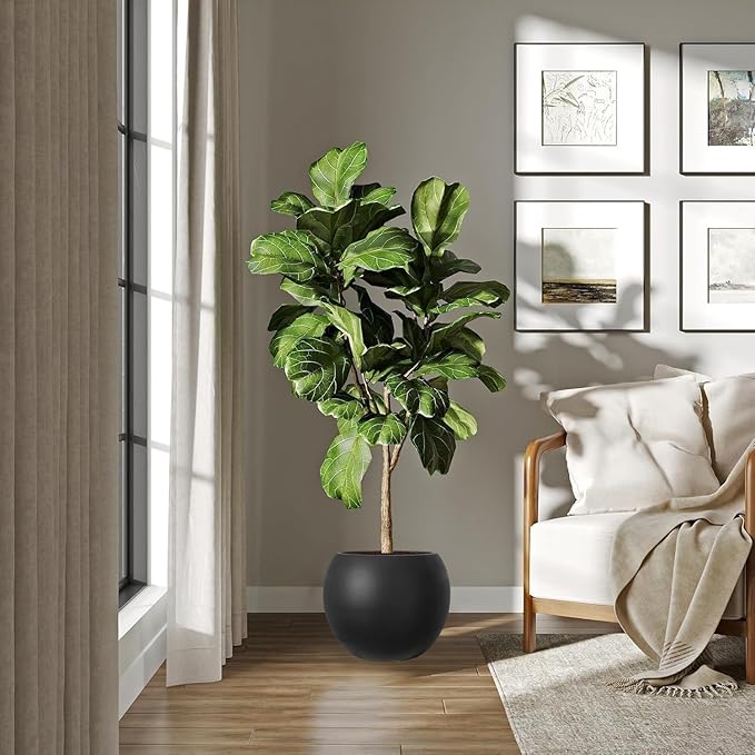 10 H x 14" Dia (10" Pot Opening) Round Fiberstone Planter with Drainage Hole, Black, Indoor/Outdoor Large Plant Pot for Home Patio Garden, Ideal for Large Plants