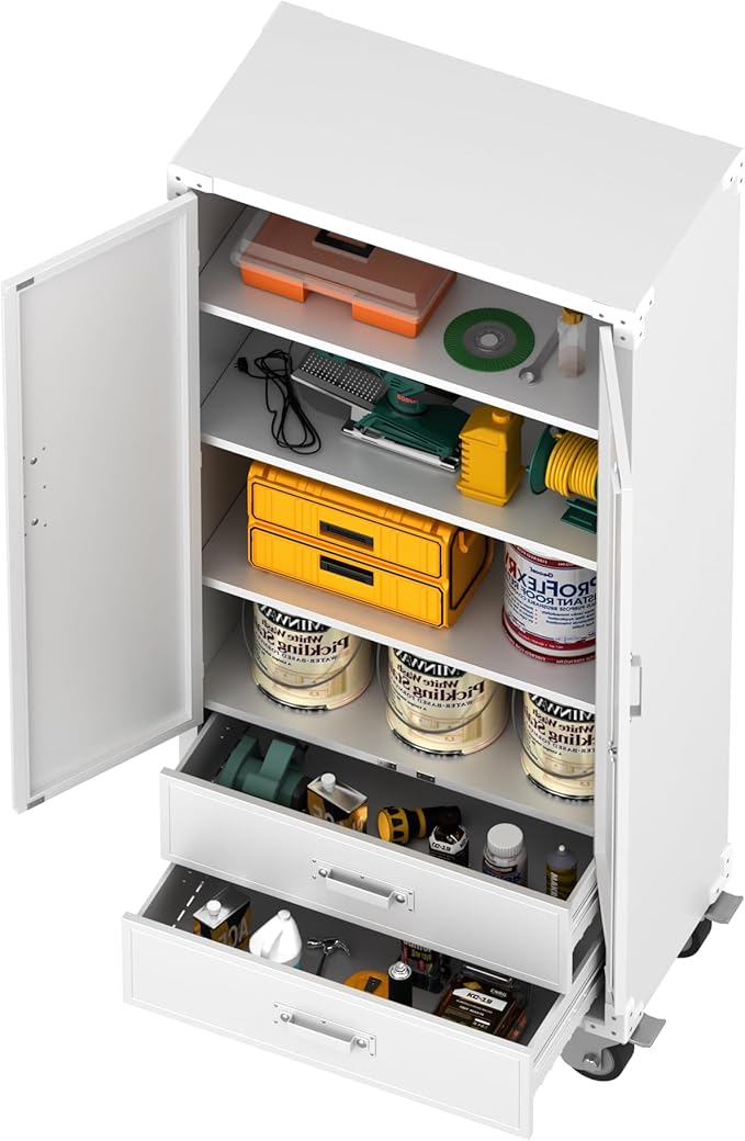 Metal Garage Storage Cabinet with 2 Drawers, Rolling Storage Cabinet with 2 Lockable Doors for Garage Home Office,Required Assembly,White