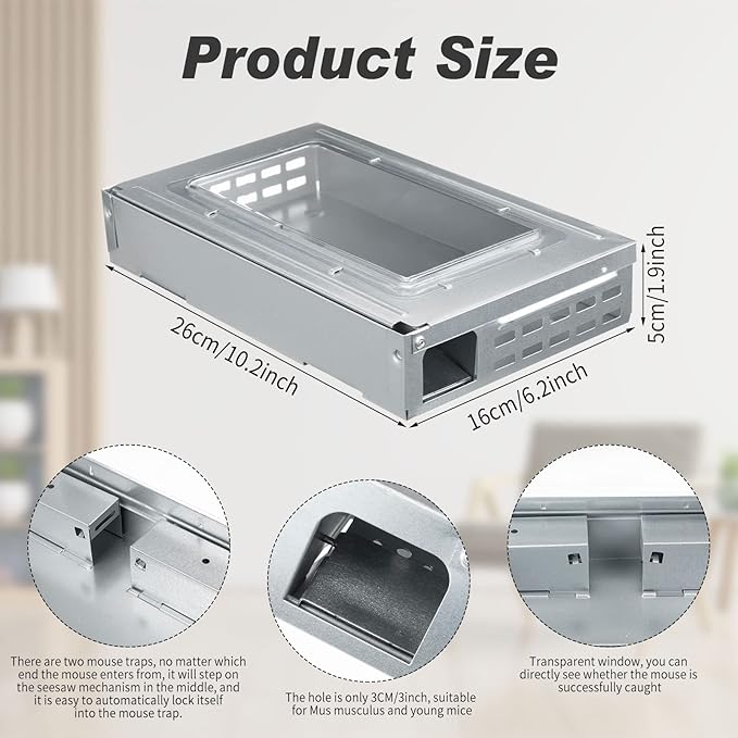 Qualirey 4 Pack Multi Catch Mice Trap Clear Top Humanized Mouse Trap Rodent for Indoor Outdoor Rat Control Pet and Security (Silver)