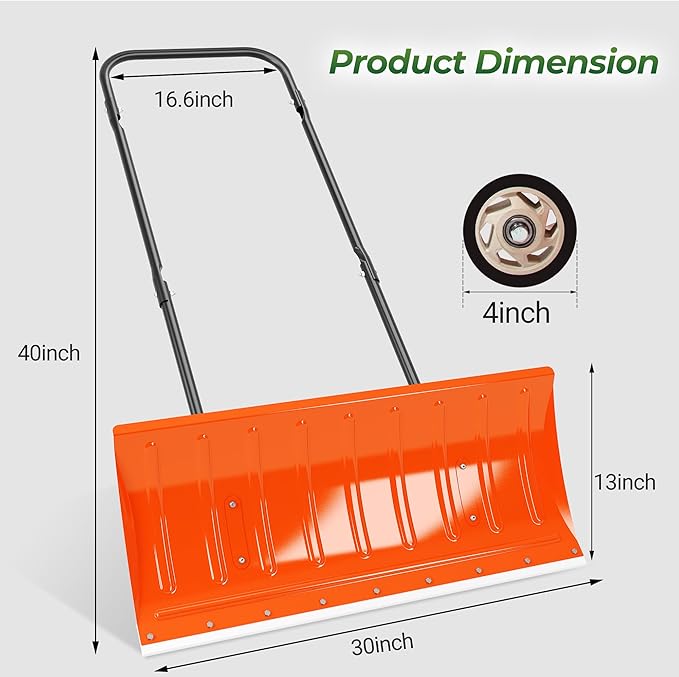 Walensee 30in Metal Snow Shovel for Driveway with Wheels, Snow Pusher Large Blade for Sidewalk Efficient Snow Removal, U-Shaped Handle, Heavy Duty Snow Shovels, Back Saver Snow Plow for Deck