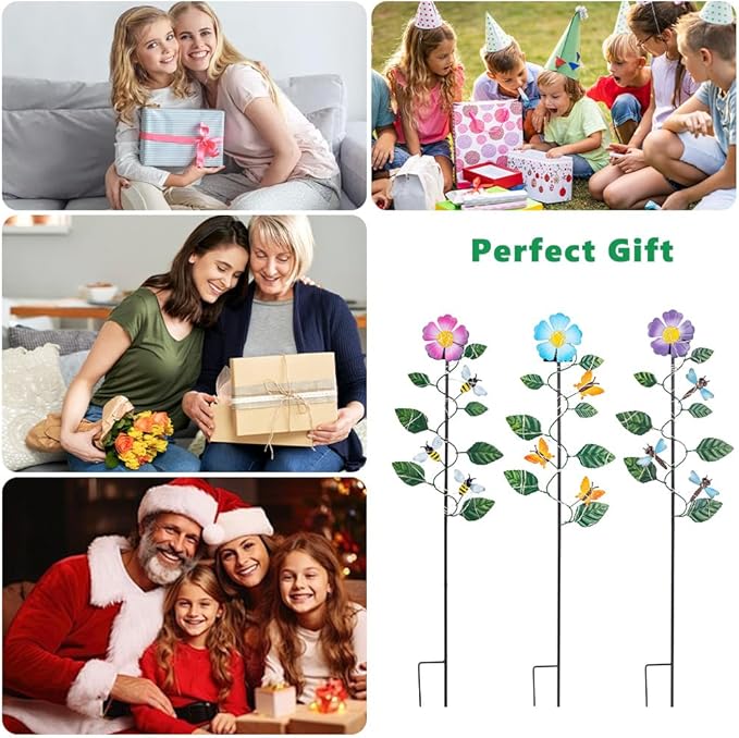 Set of 3 Solar Garden Lights,23'' H Flowers＆Insect Decorative Garden Stakes,Waterproof Metal Spring Yard Art Decor,Solar Stake Lights for Outside,Lawn,Yard,Patio
