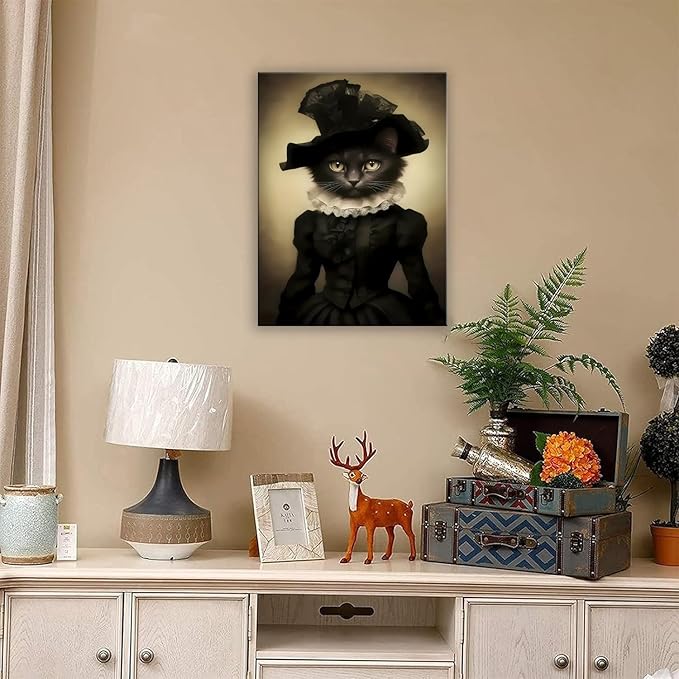 Jatinoo Gothic Black Lady Cat Wall Art - Dark Academia Framed Canvas Print for Witchy Home, Goth Bathroom & Office Decor, Vintage Halloween Cat Lover Gift (11.5x15 Inch)