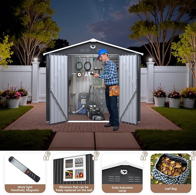 8x6 FT Outdoor Storage Shed, Metal Garden Shed - Tool Storage Sheds with Lockable Doors & 1 Clear Window, Waterproof Outside Storage Building for Backyard, Patio (Black; Floor Not Included)