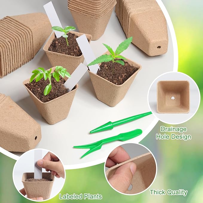 120 Pack 3.15 Inch Square Peat Pots for Seedlings, Seed Starting Pots with Drainage Holes Nursery Pot, Herb Seed Starter Pot Kits wit 30 Plant Labels, 2 Transplant Tools.