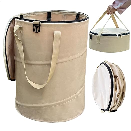 Pop up Camping Trash can with lid,Collapsible 24 Gallons Trash can with Sorting Clips,Garden Garbage Bag with Lid,Lawn and Leaf Bags - Reusable Yard Waste Bags (Beige Coffee)