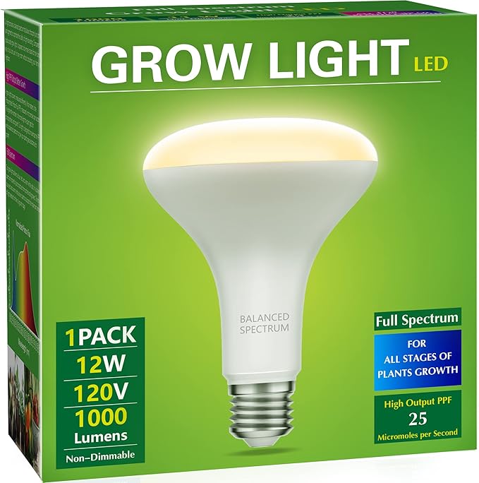 Briignite LED Grow Light Bulb, BR30 Grow Light Bulbs, Full Spectrum Grow Light Bulb 12W, 120W Equivalent, Plant Light Bulbs E26 Base, Grow Light for Indoor Plants, Seedlings, Greenhouse, 1 Pack