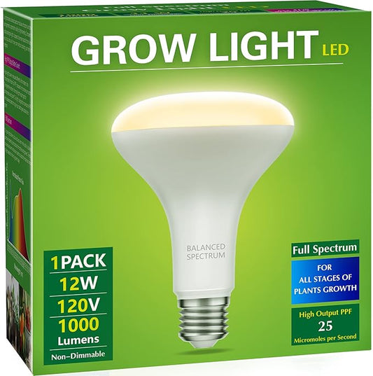 Briignite LED Grow Light Bulb, BR30 Grow Light Bulbs, Full Spectrum Grow Light Bulb 12W, 120W Equivalent, Plant Light Bulbs E26 Base, Grow Light for Indoor Plants, Seedlings, Greenhouse, 1 Pack