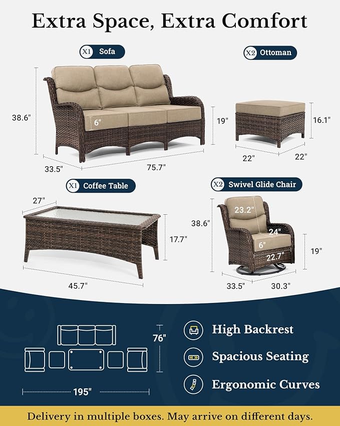 HILLGA Luxury High Back Patio Furniture Set with 6-Inch Thick Cushion, 6-Piece Outdoor Conversation Set with Sofa, Swivel Rocker Chairs & Ottomans, Ideal for Porch Pool Deck Yard (Beige)
