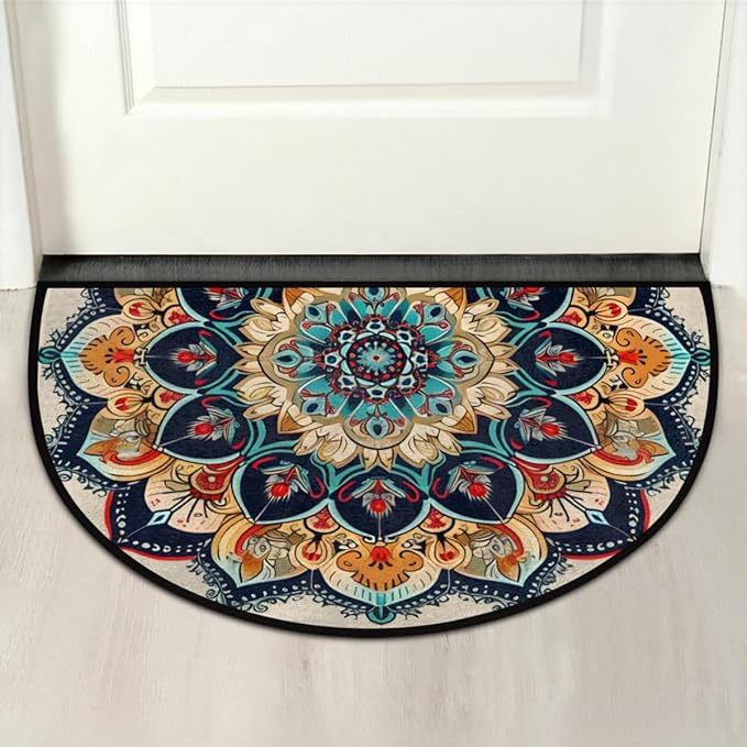 Mandala Half Round Door Mat, European Style Mandala Semicircle Doormats, Non Slip Area Rug Soft Doormat for Front Door Indoor Entrance Wear Resistant Welcome Mat for Garage Patio Home Decor 24 x 36 In