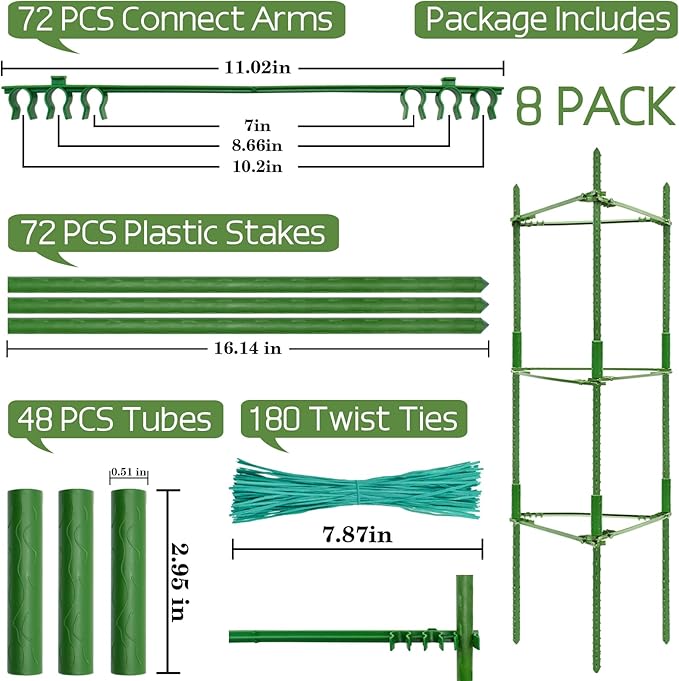 Halatool 8 Pack Tomato Cages for Garden, Up to 48in(4FT) Adjustable Tomato Cage,Garden Stakes Tomato Trellis for Pots, Green Tomato Plant Support with Snap-On Arms for Vegetables Plants(6 Buckles)