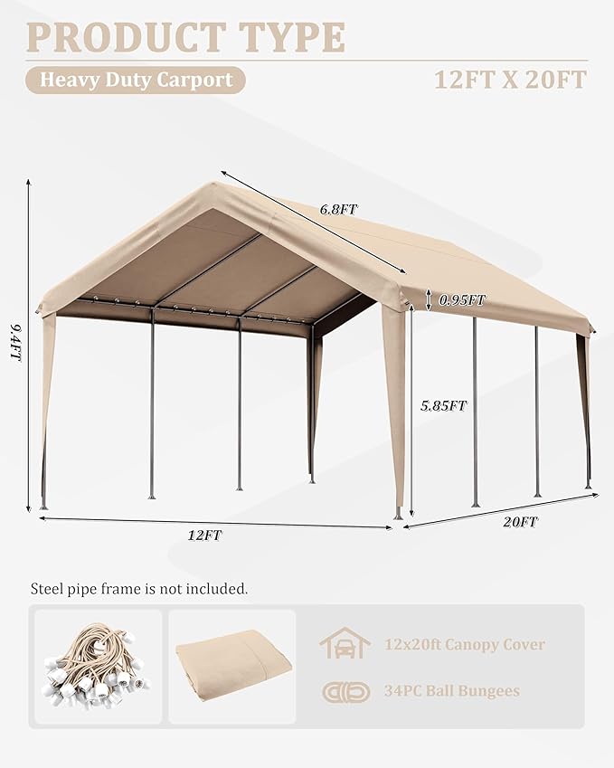 Carport Canopy Replacement Cover 12x20 Heavy Duty Outdoor Portable Car Canopy Oxford Waterproof UV & Tear Resistant Garage Canopy with Ball Bungees (Frame is Not Included)
