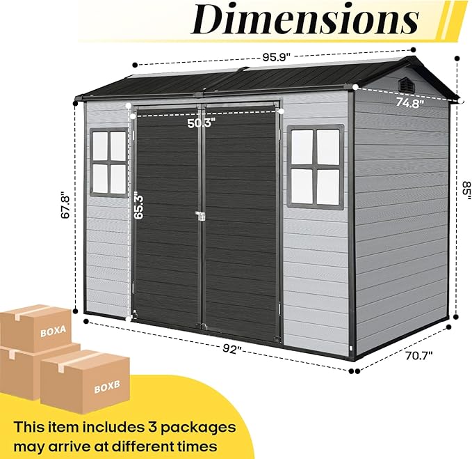 8x6ft Resin Outdoor Storage Shed with Floor and 2 Windows, Plastic Sheds & Outdoor Storage Clearance for Patio Furniture, GardenTools, Bike Accessories and Lawn Mower, Black+Grey