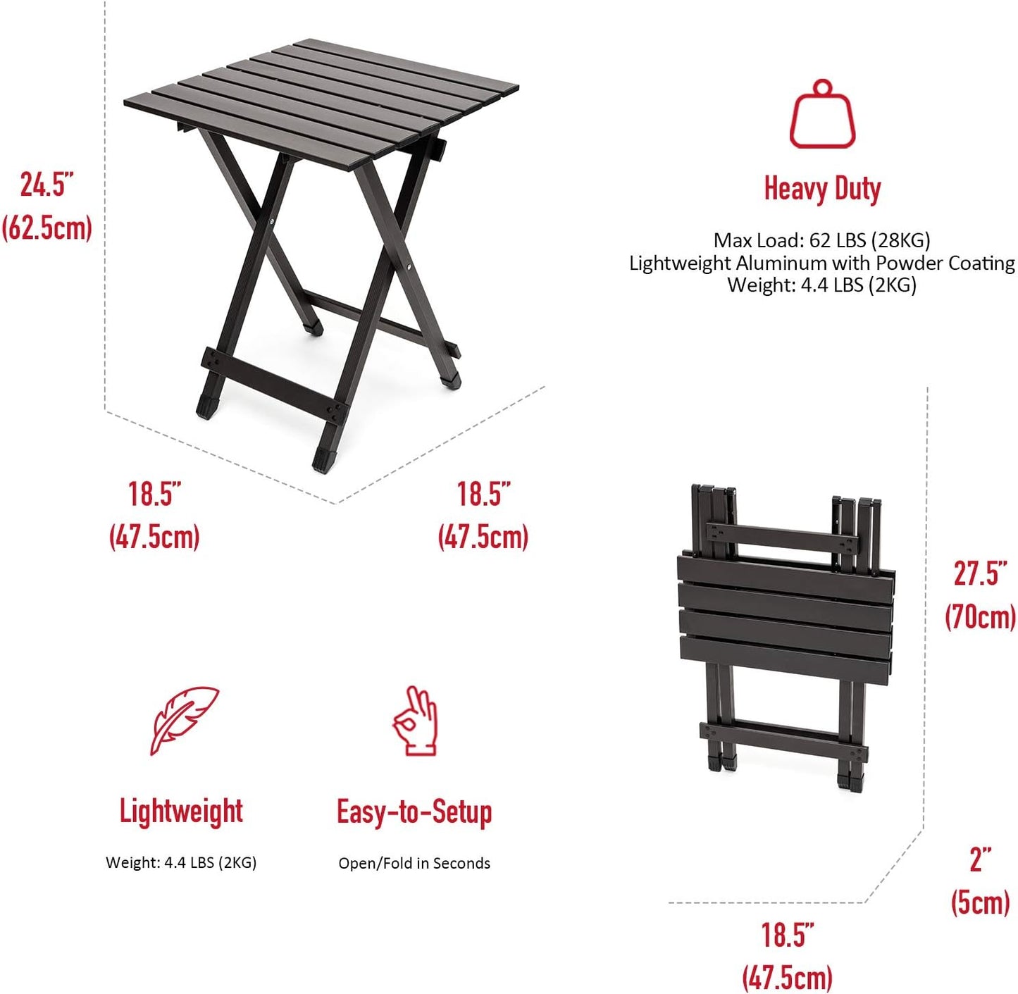 SUNNYFEEL Folding Camping Table - Lightweight Aluminum Portable Picnic Table, 18.5x18.5x24.5 Inch for Cooking, Beach, Hiking, Travel, Fishing, BBQ, Indoor Outdoor Small Foldable Camp Tables
