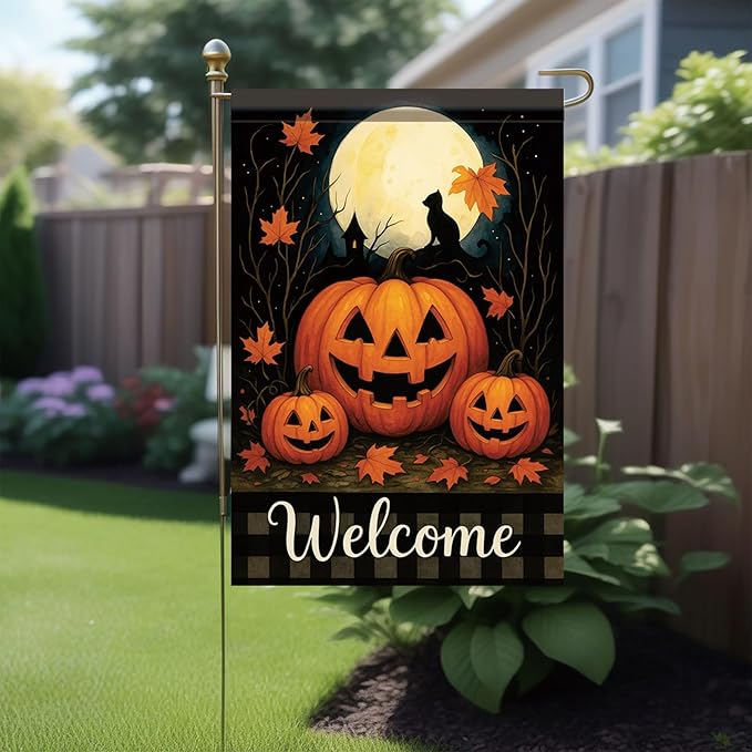 Halloween Garden Flag Pumpkin Cat Full Moon Flag 12x18 Inch Double Sided Outdoor Yard Banner for Trick or Treat Haunted House Fall Halloween Decoration Decor